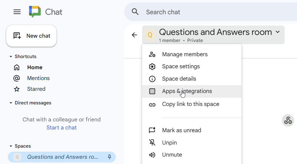 Google Chat space menu with Apps & integrations option