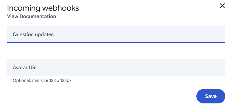 Incoming webhooks dialog with name field