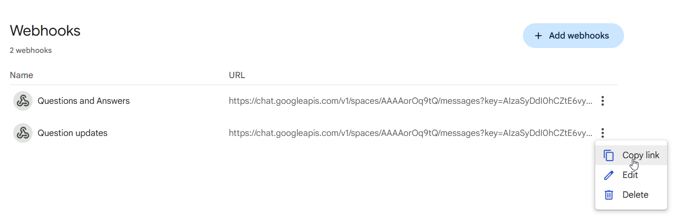 Webhooks list with Copy link option
