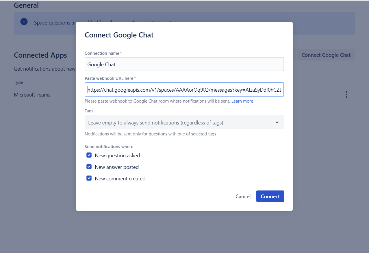 Connect Google Chat dialog in Confluence