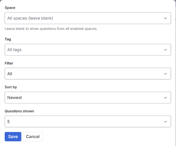 Questions list settings for Space, Tag, Filter, Sort by and Questions shown