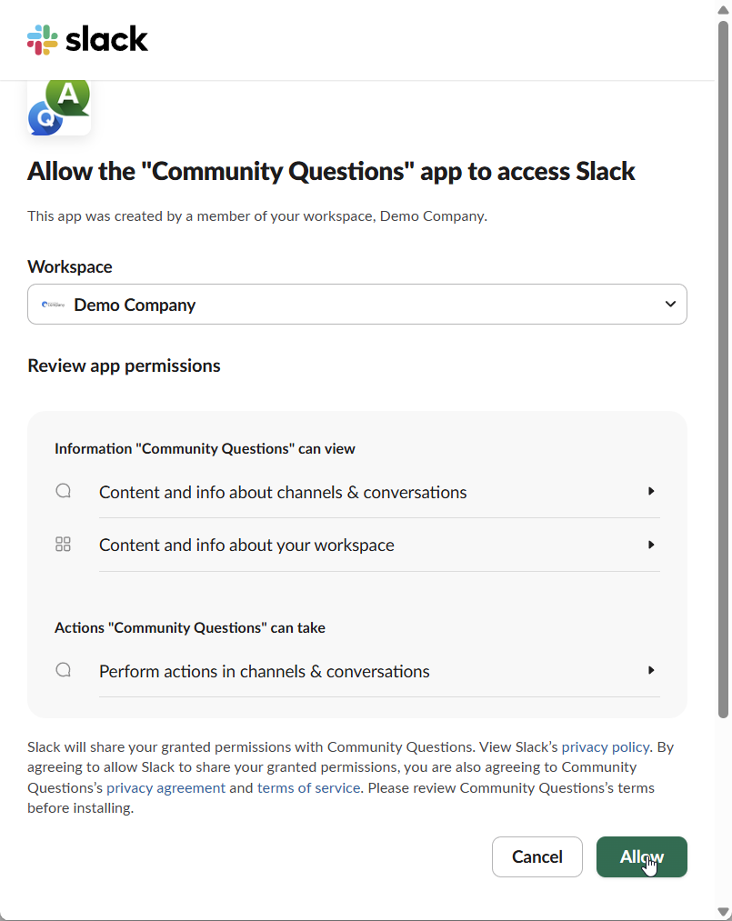 Slack authorization page requesting permissions