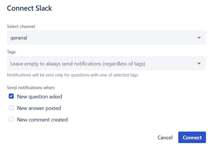 Connect Slack dialog with channel and notification options