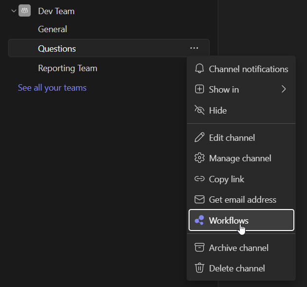Channel context menu with Workflows option highlighted