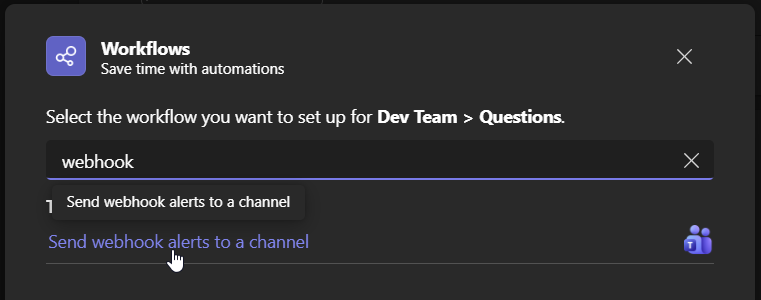 Workflows dialog with webhook search results