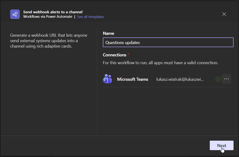 Workflow name and connection configuration