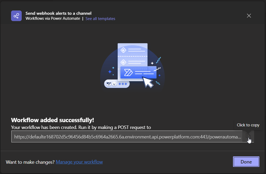 Success screen with webhook URL to copy